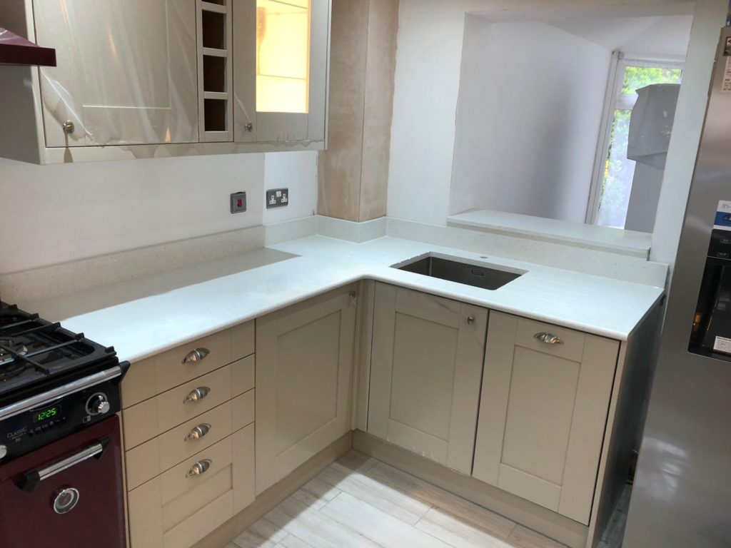 30mm White Galaxy Quartz kitchen installation - Medusa Stone