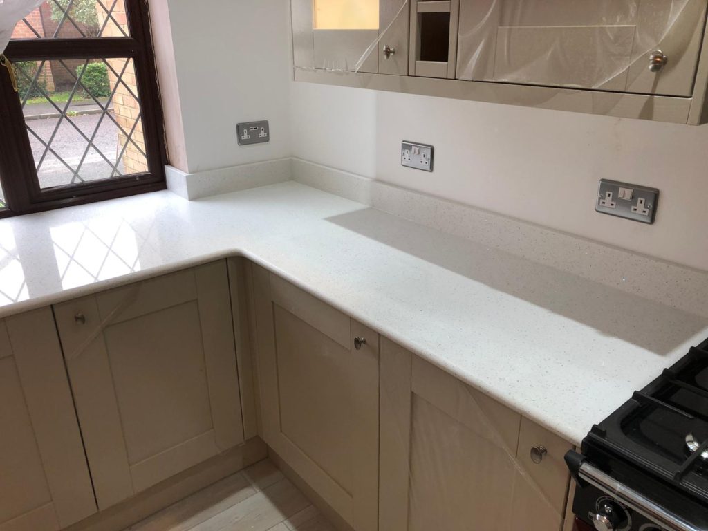 30mm White Galaxy Quartz kitchen installation - Medusa Stone